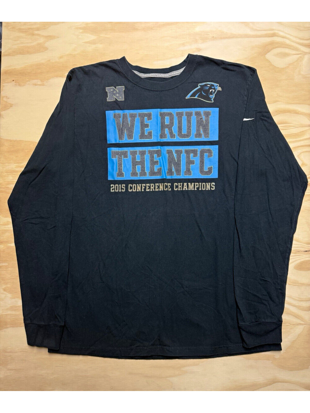 Nike Carolina Panthers NFL WE RUN THE NFC 2015 Long Sleeve Shirt Mens XL Black